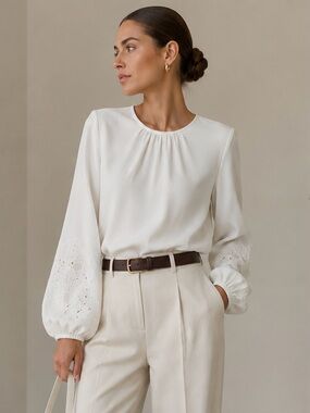 Express Ivory Embroidered Balloon Sleeve Blouse | Floral Detail | Medium